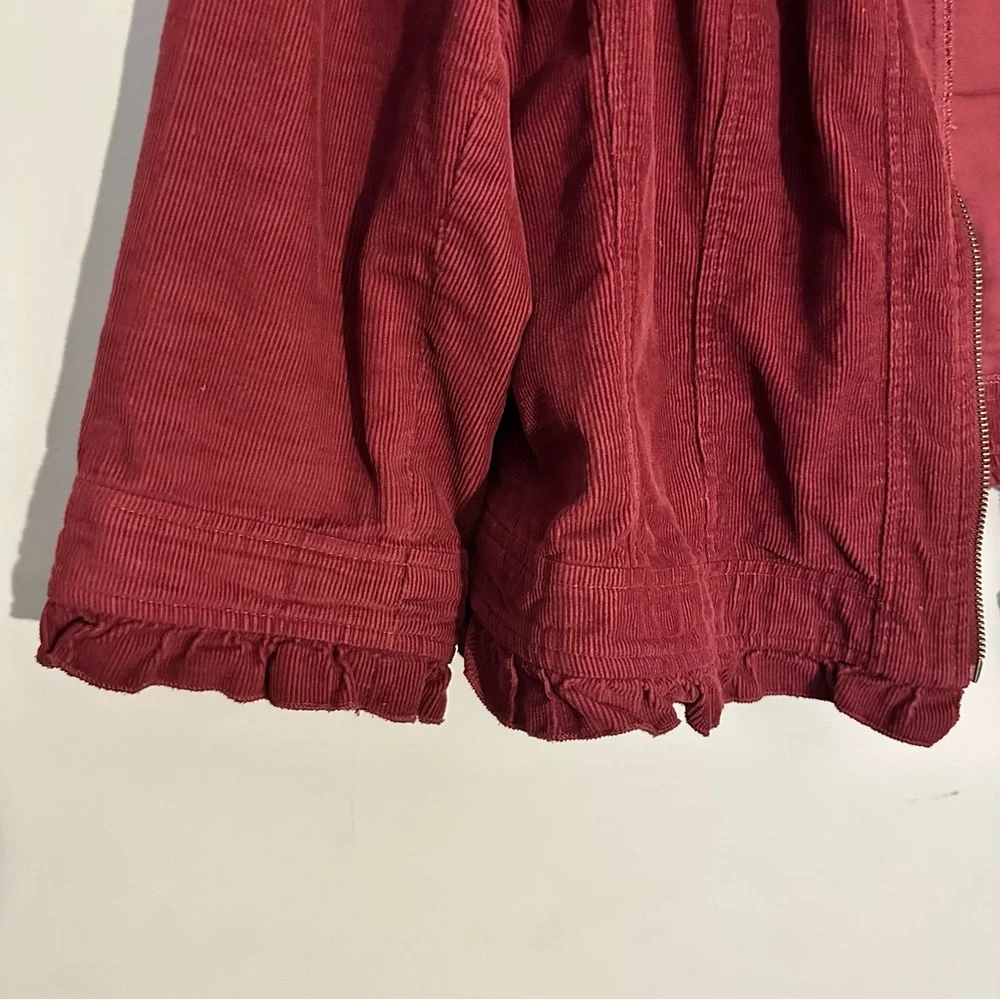Sandro Corduroy Burgundy Zip Front Jacket Ruffle Hem 3/4 Sleeve Women’s Size XL